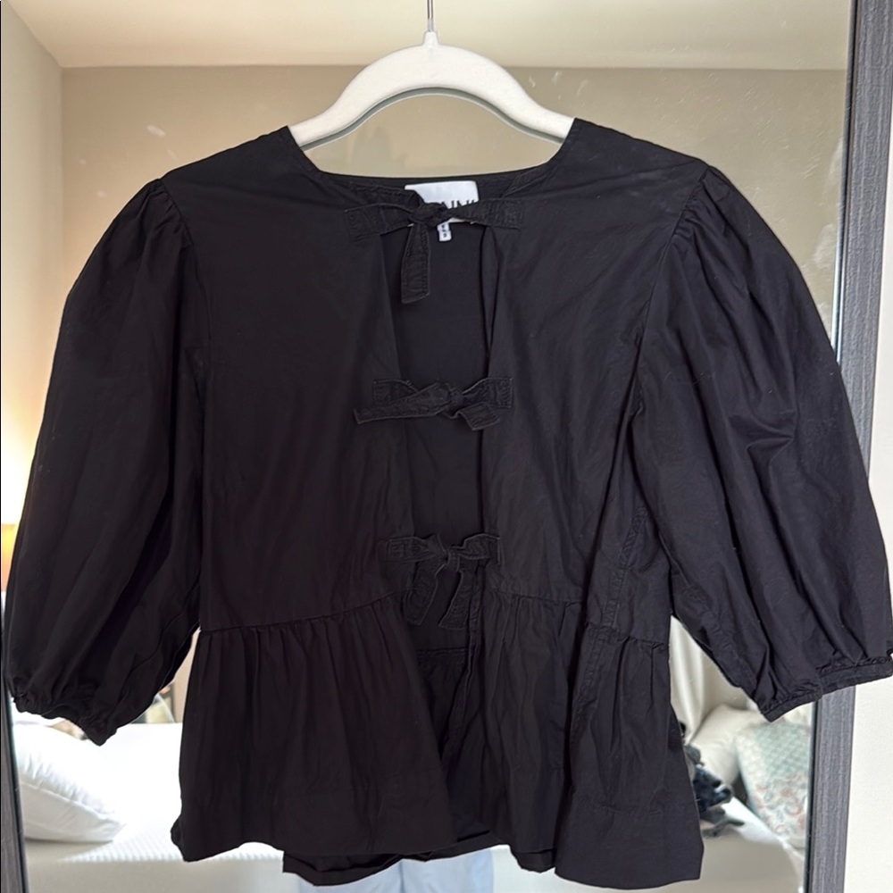 Ganni Black Puff Sleeve Blouse with Tie Front